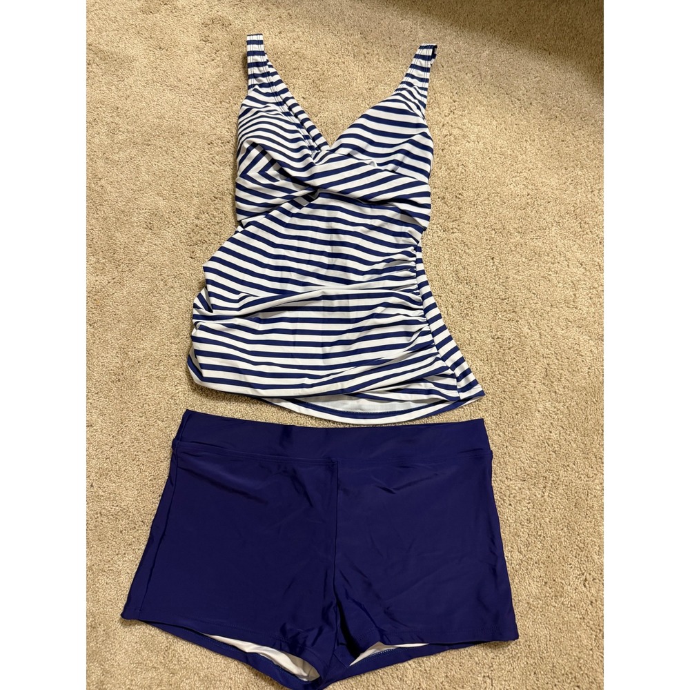B2PRITY Womens Navy Blue White Striped Tankini Set Ruched Tummy Control XL NEW